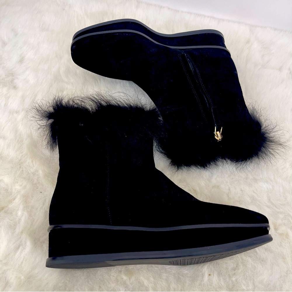 Tory Burch MARCEL Fur Booties Ankle Boots Size 5 Black Seude Wedge Platforms